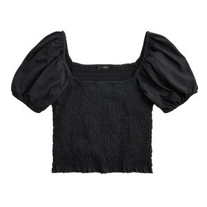 J. Crew Black Puff Sleeve Smocked Jersey Cropped Top